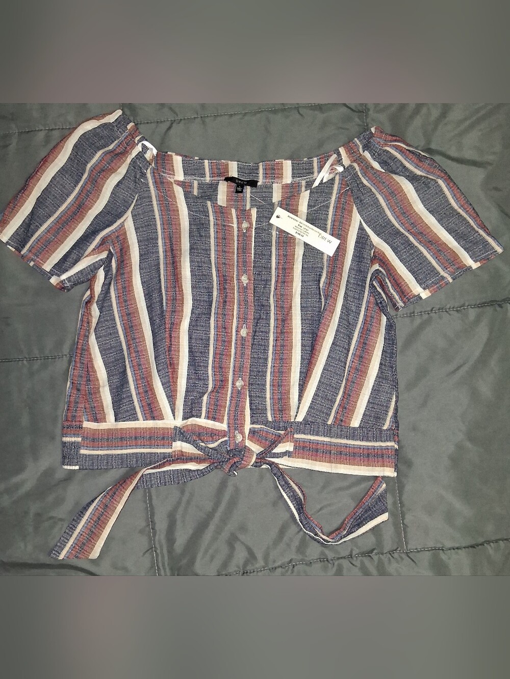 NWT DREW Crop Button-Front Tie-Hem Striped Women’s Top Blue,Maroon,White Large